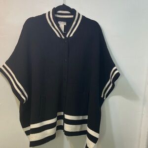 Free People Women’s,Pep Rally,Black and Off White Striped, Knit,Poncho Sweater.